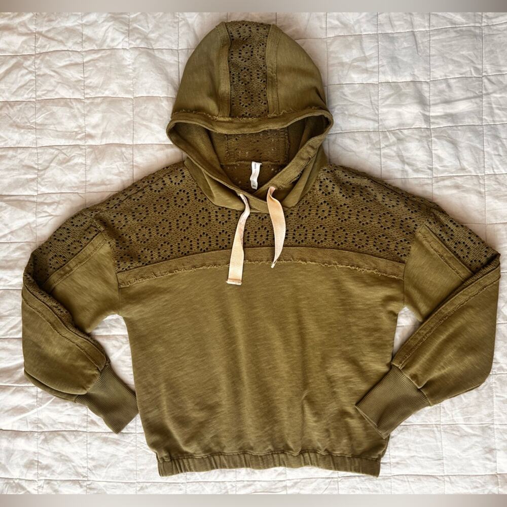 Daily Practice Robyn Moss Olive Green Crochet Lace Hoodie Boho Lagenlook - Small
